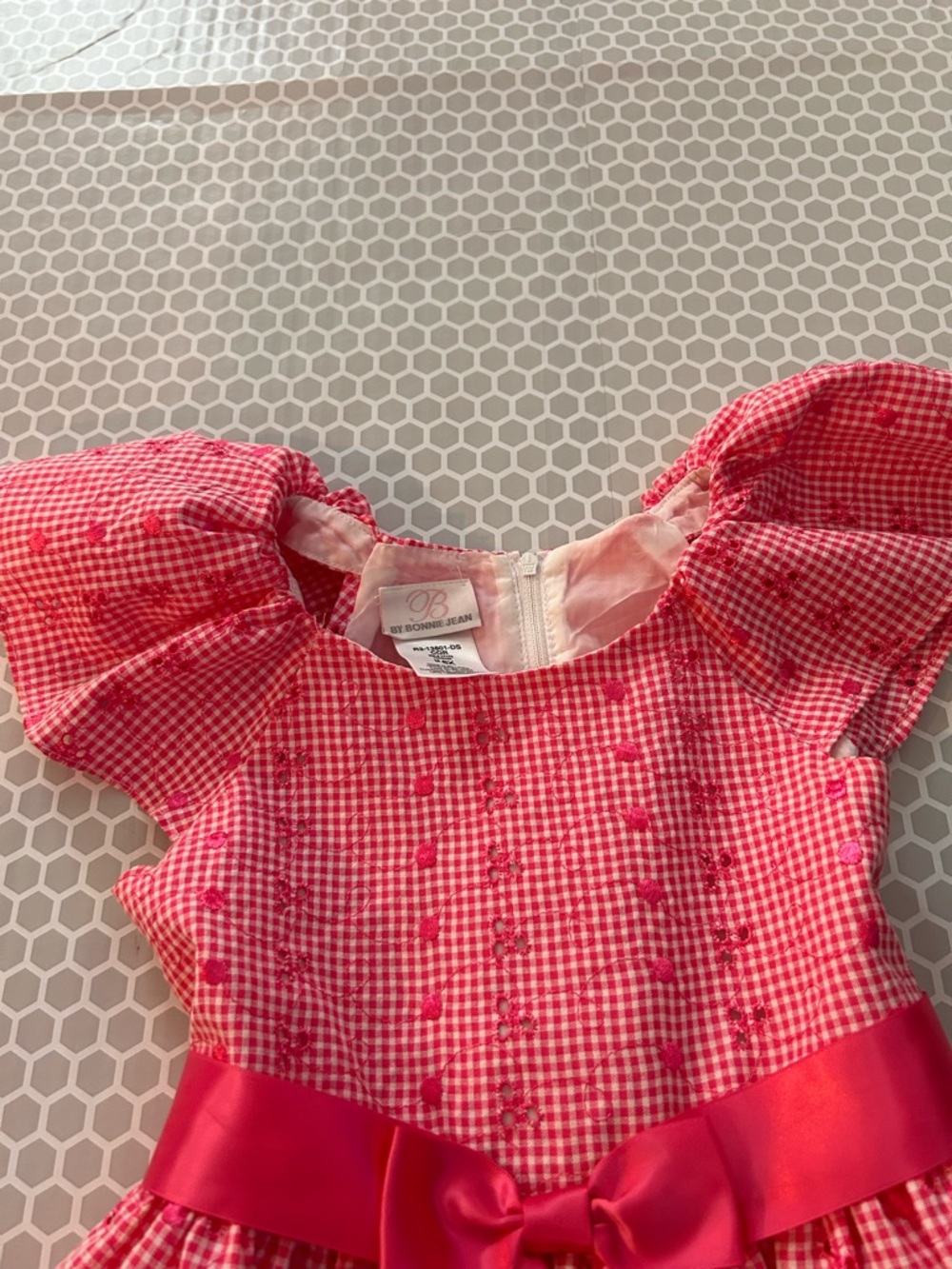 By Bonnie Jean Pink Gingham Dress w Satin Waist Bow w Petticoat Size 6X - Picture 6 of 8